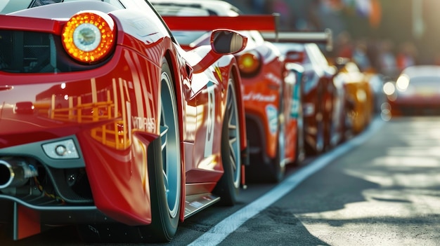 A row of sports racing cars on the racing circuit to start the race