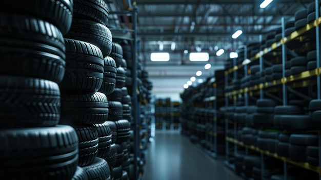 A row of stacked tires in a warehouse with steel shelving and fluorescent lighting