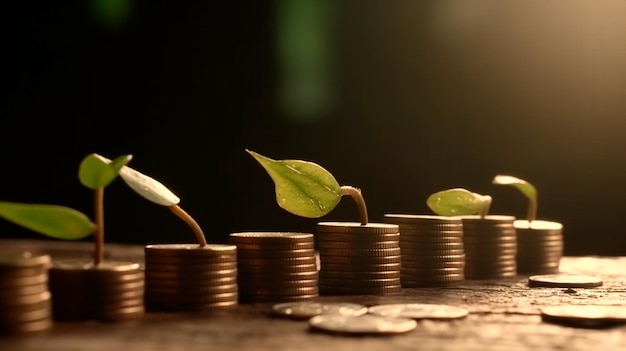 A row of stacks of coins with a plant growing out of them Tree leaf on save money coins Business finance saving banking investment concept Generative AI