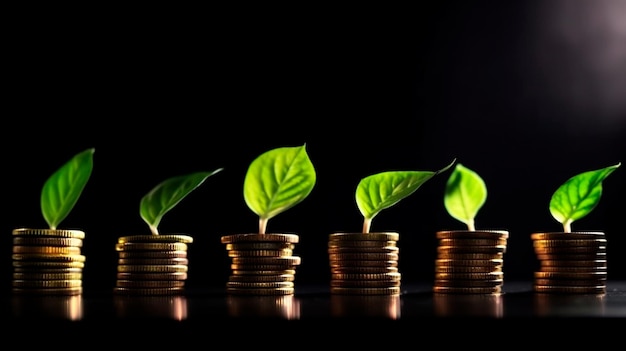 A row of stacks of coins with a plant growing out of them Tree leaf on save money coins Business finance saving banking investment concept Generative AI