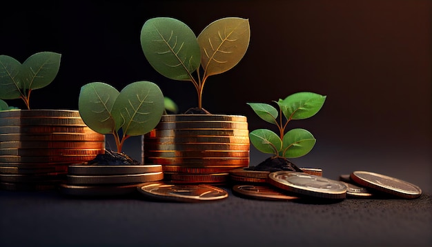 A row of stacks of coins with a plant growing out of them Tree leaf on save money coins Business finance saving banking investment concept