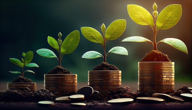 A row of stacks of coins with a plant growing out of them Tree leaf on save money coins Business finance saving banking investment concept