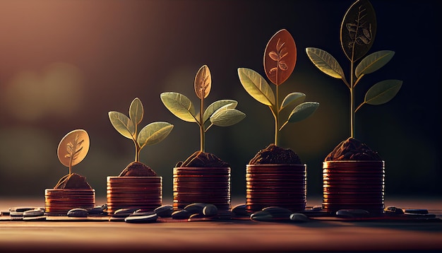 A row of stacks of coins with a plant growing out of them Tree leaf on save money coins Business finance saving banking investment concept