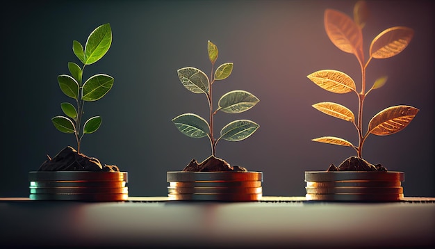 A row of stacks of coins with a plant growing out of them Tree leaf on save money coins Business finance saving banking investment concept