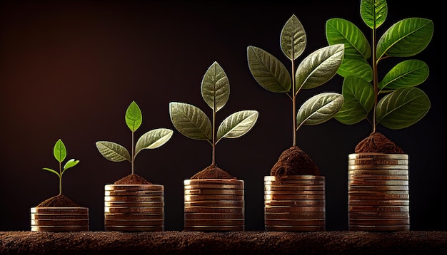 A row of stacks of coins with a plant growing out of them Tree leaf on save money coins Business finance saving banking investment concept