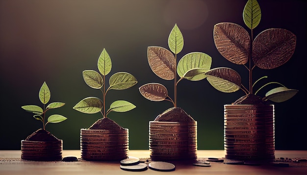 A row of stacks of coins with a plant growing out of them Tree leaf on save money coins Business finance saving banking investment concept