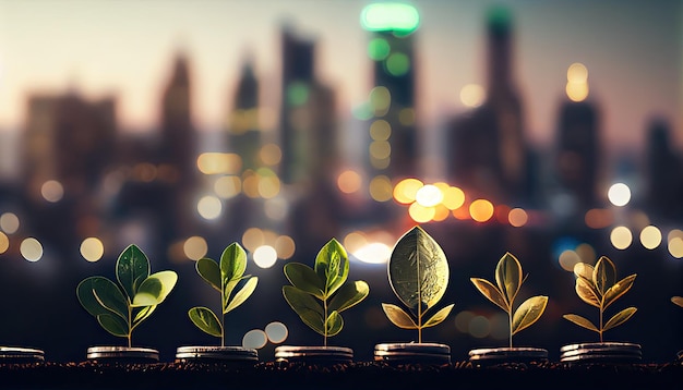 A row of stacks of coins with a plant growing out of them Tree leaf on save money coins Business finance saving banking investment concept