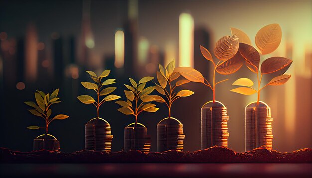 A row of stacks of coins with a plant growing out of them Tree leaf on save money coins Business finance saving banking investment concept