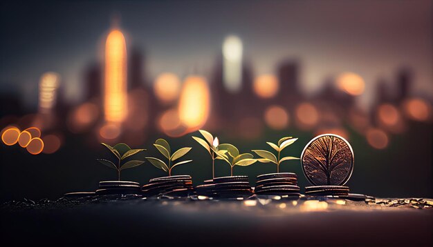 A row of stacks of coins with a plant growing out of them Tree leaf on save money coins Business finance saving banking investment concept