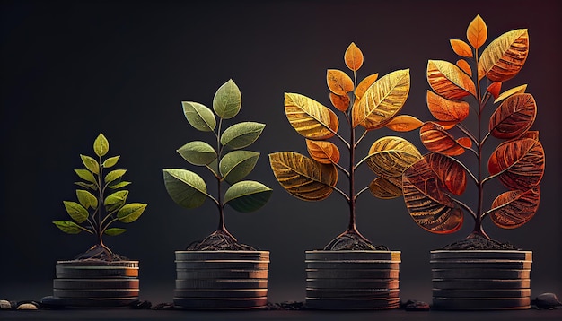 A row of stacks of coins with a plant growing out of them Tree leaf on save money coins Business finance saving banking investment concept