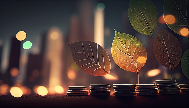 A row of stacks of coins with a plant growing out of them Tree leaf on save money coins Business finance saving banking investment concept