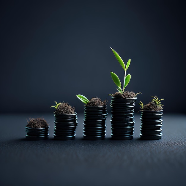 A row of stacks of coins with a plant growing out of them.