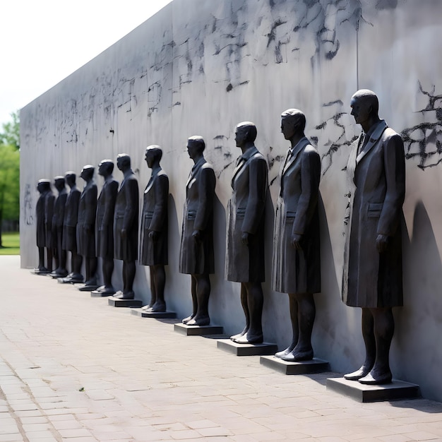 a row of statues of men in front of a wall with graffiti on it