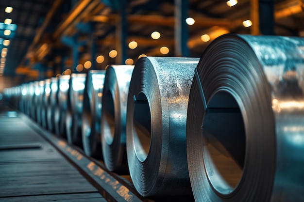 A row of steel pipes are lined up in a factory