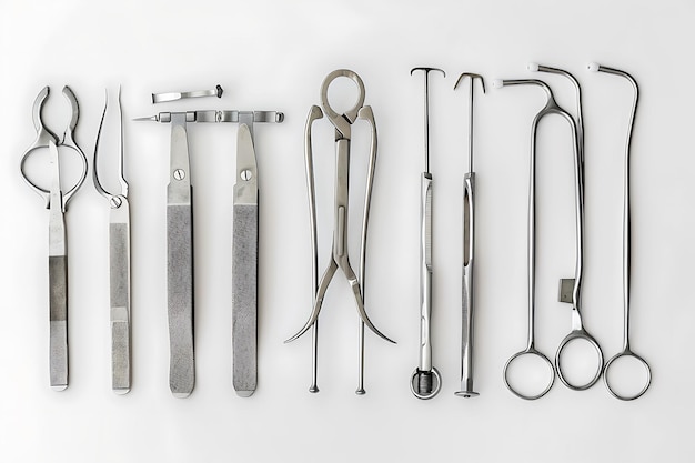 A Row of Sterile Surgical Tools on White Background