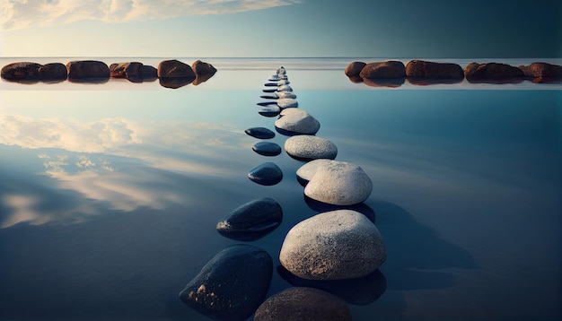 Row of stones in calm water in the wide ocean concept of meditation with Generative AI Technology