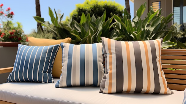 Photo a row of striped pillows on a bench with a green plant in the background