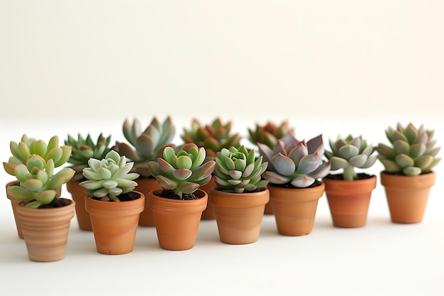 Row of Succulents in Terracotta Pots on a White Background