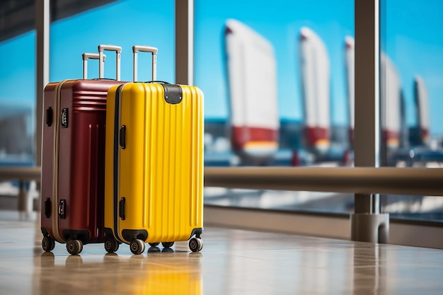 Row of suitcases at an airport in summer Travel holiday and vacation concept