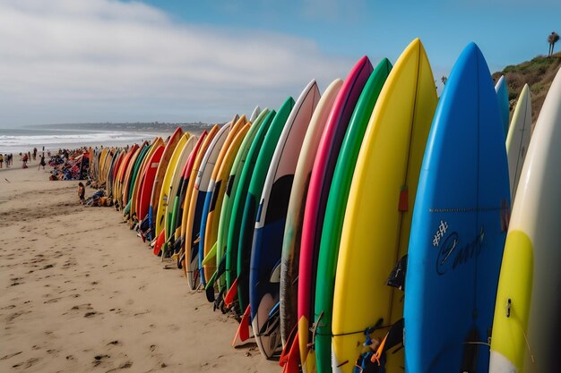 A row of surfboards are lined up on a beach