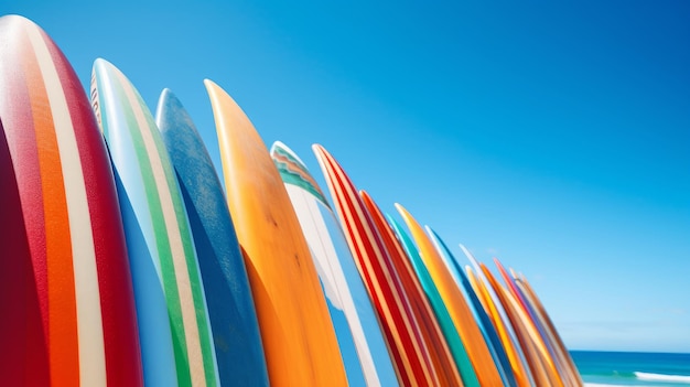 A row of surfboards sitting next to each other on a beach