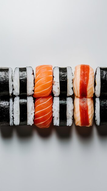 Photo a row of sushi rolls with a black and white background