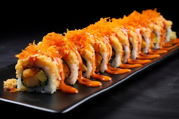 a row of sushi rolls with carrots and celery on them