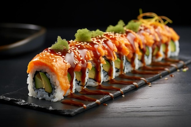 a row of sushi rolls with sesame seeds on top of each other