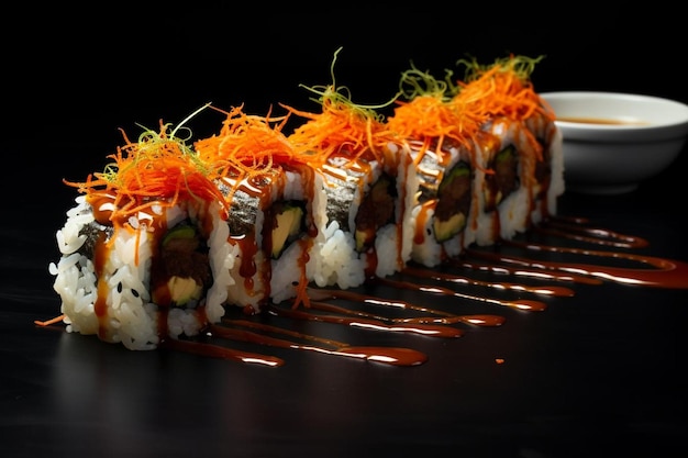 a row of sushi with orange carrots on the bottom