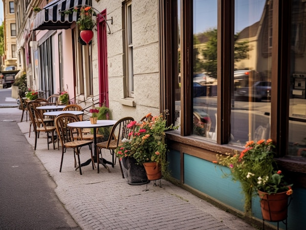 A row of tables outside a restaurant with a sign that says " cafe ".