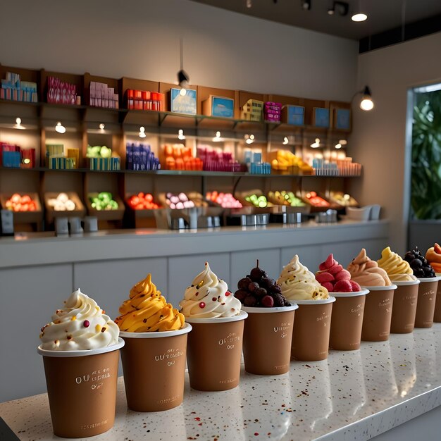 a row of tasty ice cream varieties in a modern ice cream shop