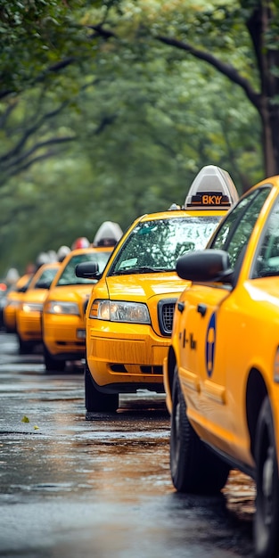 Photo row of taxis waiting at a taxi stand