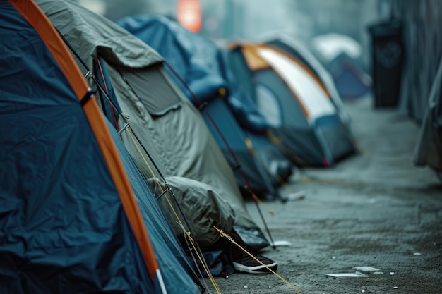 Photo a row of tents sitting on the side of a road suitable for camping adventure or outdoorthemed designs