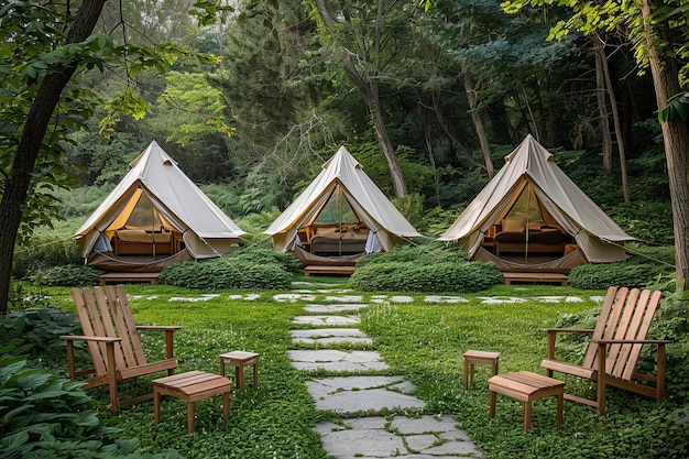 Photo a row of tents with a man sitting in the grass