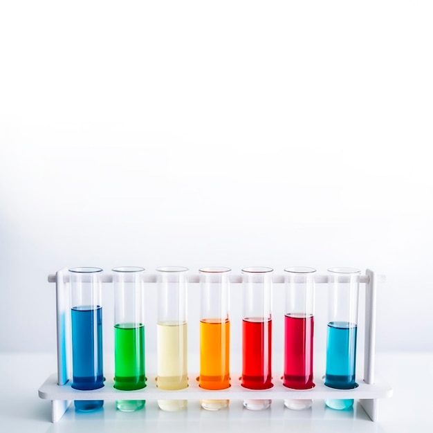 A row of test tubes with different colored liquids in them.