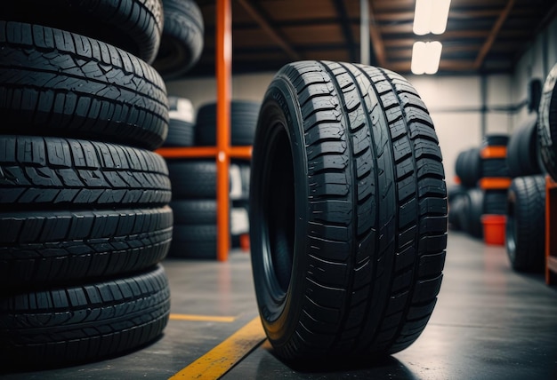 a row of tires in a warehouse with a yellow stripe