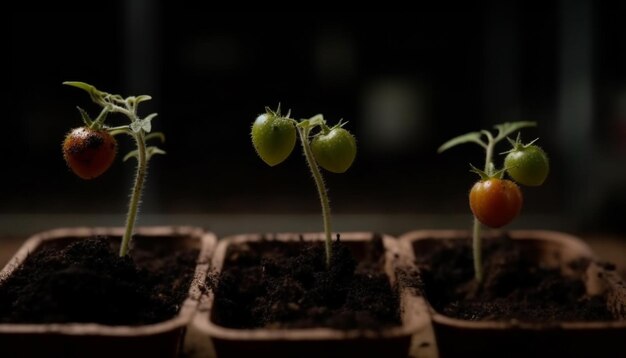 A row of tomatoes are starting to grow in pots.