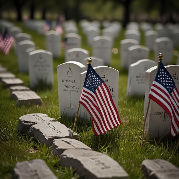 a row of tombstones with american flags in the grass