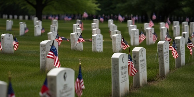 a row of tombstones with american flags on them