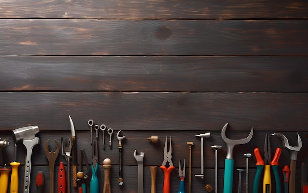 A row of tools on a wooden background