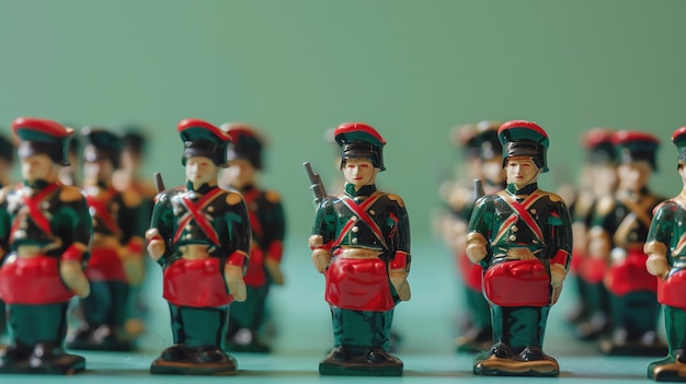 Photo a row of toy soldiers stand at attention