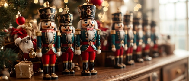 Photo a row of traditional nutcracker figurines on a wooden shelf