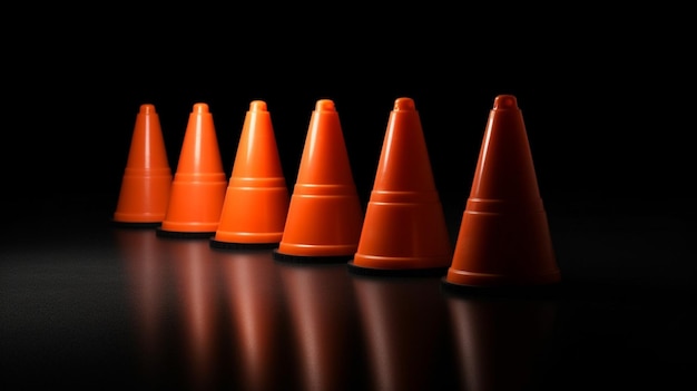 Row of traffic cones on black background for class