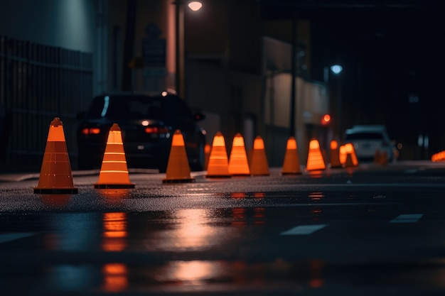 A row of traffic cones in the middle of a dark street with lights from passing cars visible