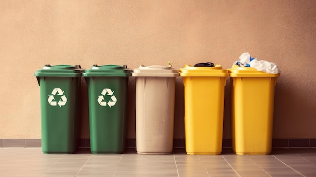 A row of trash cans with one that says recycling on it.