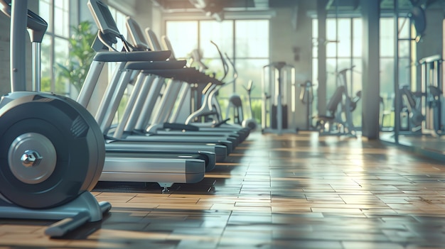 Row of treadmills in a modern gym with sunlight streaming through the windows