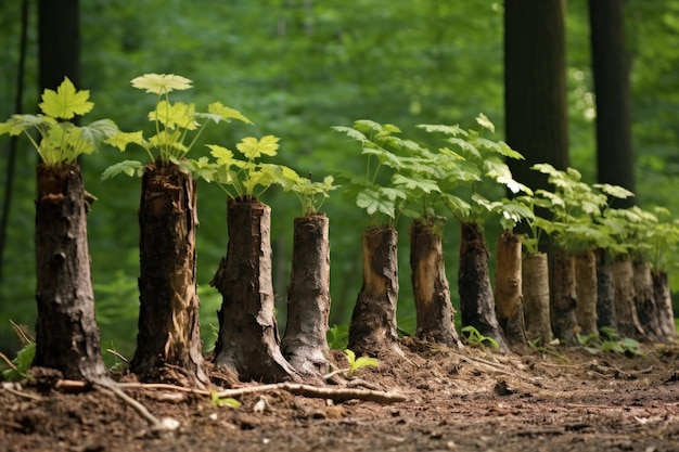 A row of tree trunks showing various stages of growth