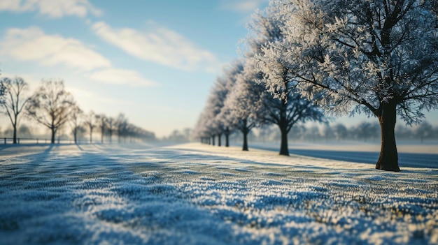 A row of trees covered in frost on a sunny day