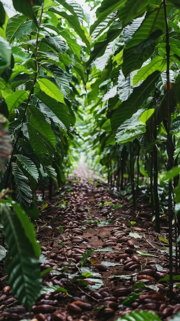 A row of trees with leaves and a path of dirt between them