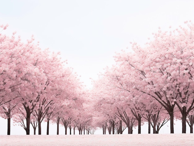 a row of trees with pink flowers